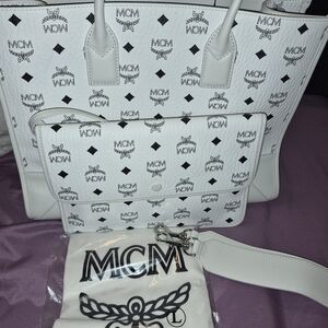 MCM White Logo Tote Bag